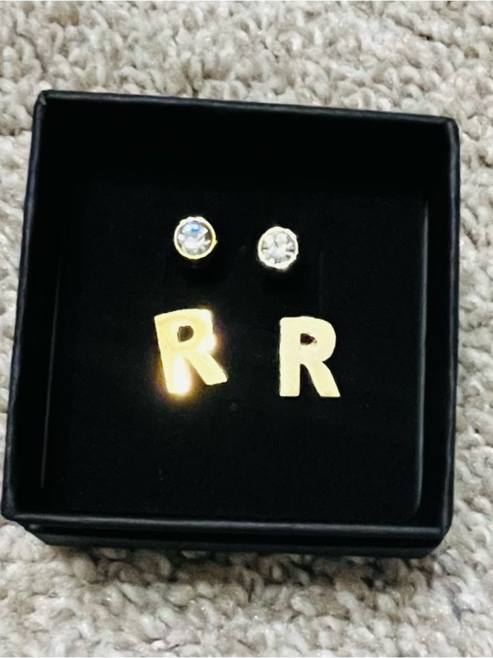 Gold 'R' Initial Stud Earrings with Clear Crystal Accent
